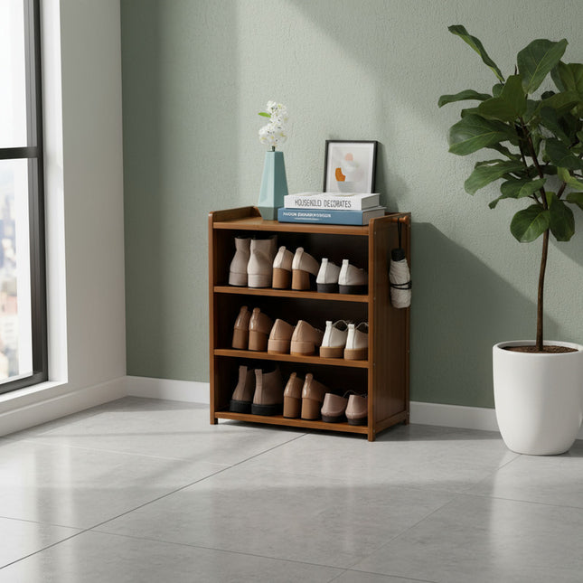 Mueble Estantería De Madera 3 Estantes Con Perchero Zapatera Marrón