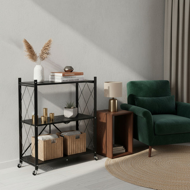 Mueble Estantería De Metal Plegable Con Ruedas 3 Estantes Nr Negro