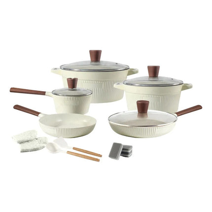 Juego De Ollas 16pcs Aluminio Cerámico Antiadherente Granito Beige