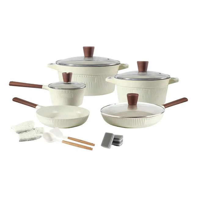 Juego De Ollas 16pcs Aluminio Cerámico Antiadherente Granito Beige