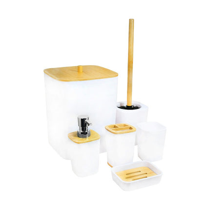 Juego Set De Bano 6pz Blanco Premium Con Bambu  Blanco