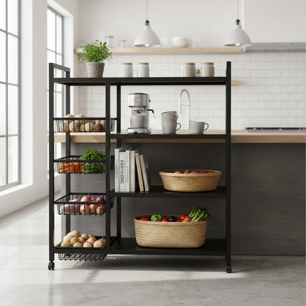 Rack Organizador 4 Estantes 4 Canastos - Metal Con Rueda Negro
