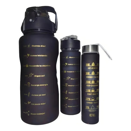 Botellas Termo De Agua Motivacionales 2l 900ml 500ml Kit X3  Negro Con Estampado Dorado