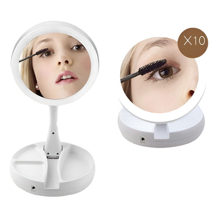 Espejo Redondo Luz Led Maquillaje Doble Plegable