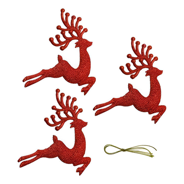 Adorno De Navidad Colgante Con Brillos X 3. Renos Rojo