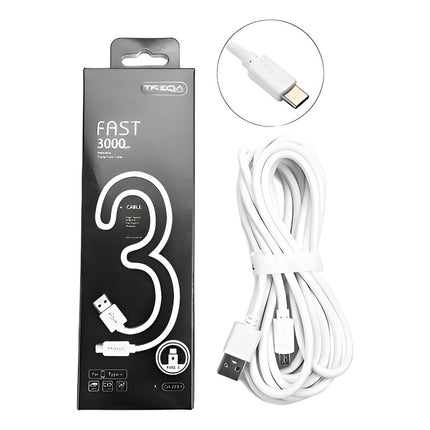 Cable Entrada Tipo C 3 Metros Cargador Celular Datos  Blanco