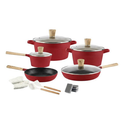 Juego De Ollas 16pcs Aluminio Cerámico Antiadherente Granito Rojo