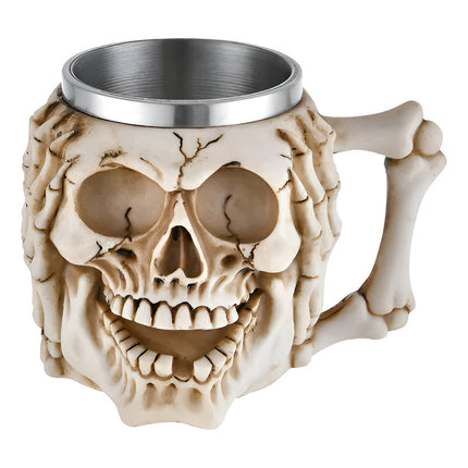 Taza Tarro Craneo Calavera De Resina Y Acero Inoxidable Crema