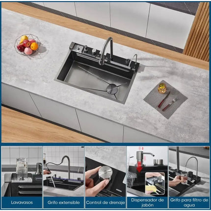 Pileta Bacha Acero Inox Multifuncion Con Lava Vaso Premium Negro