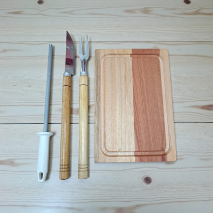 Set De Parrilla 4 Pza Tabla De Madera Chaira Cuchilla Pincho