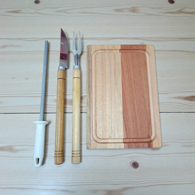 Set De Parrilla 4 Pza Tabla De Madera Chaira Cuchilla Pincho
